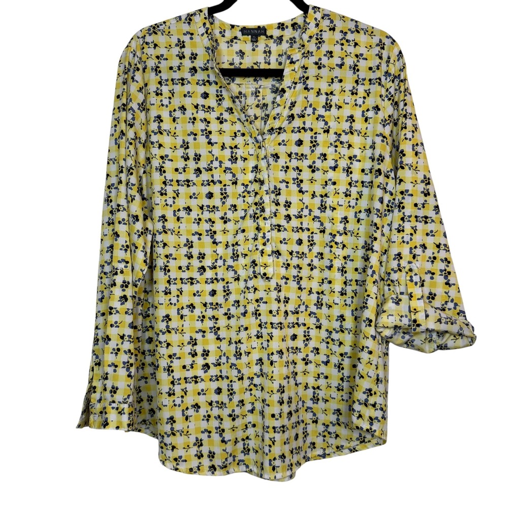 Hannah Women's Yellow‎ Floral Gingham Print Long Sleeve Blouse Top XL